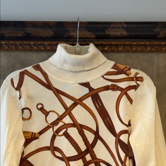 Ralph Lauren Off White Turtleneck Sweater w/ Unique Equestrian Print Front - Picture 2 of 8
